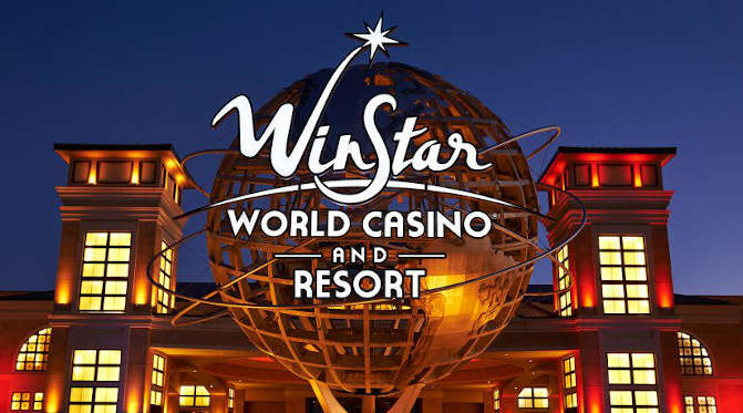 Winnstar Oklahoma's casino lit at dusk. ONe of the best TripAdvisor's casino destinations.